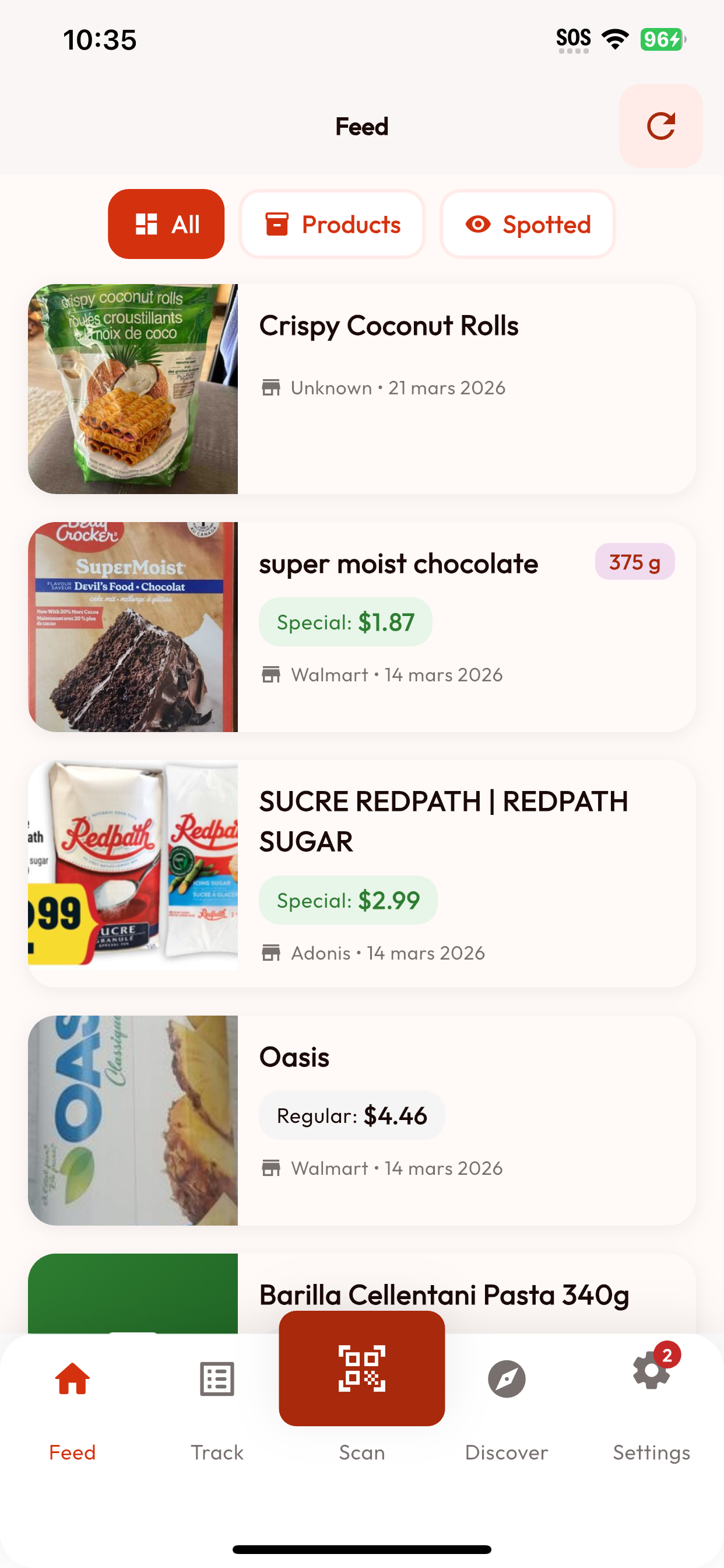 Feed BarcodeVibe avec des produits d'épicerie, des spéciaux et les onglets Products et Spotted.
