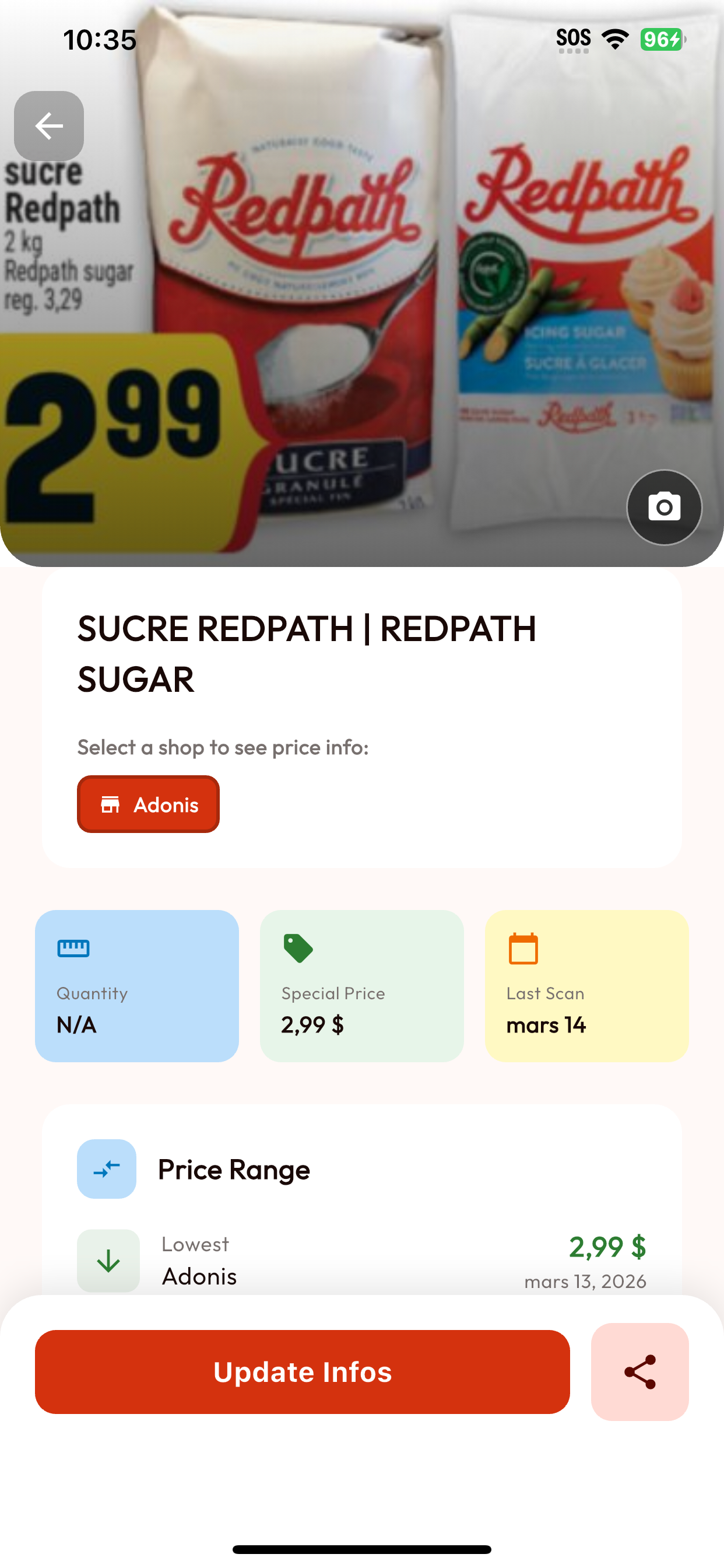 Fiche produit BarcodeVibe montrant un produit scanné, un magasin, un prix spécial et une plage de prix.