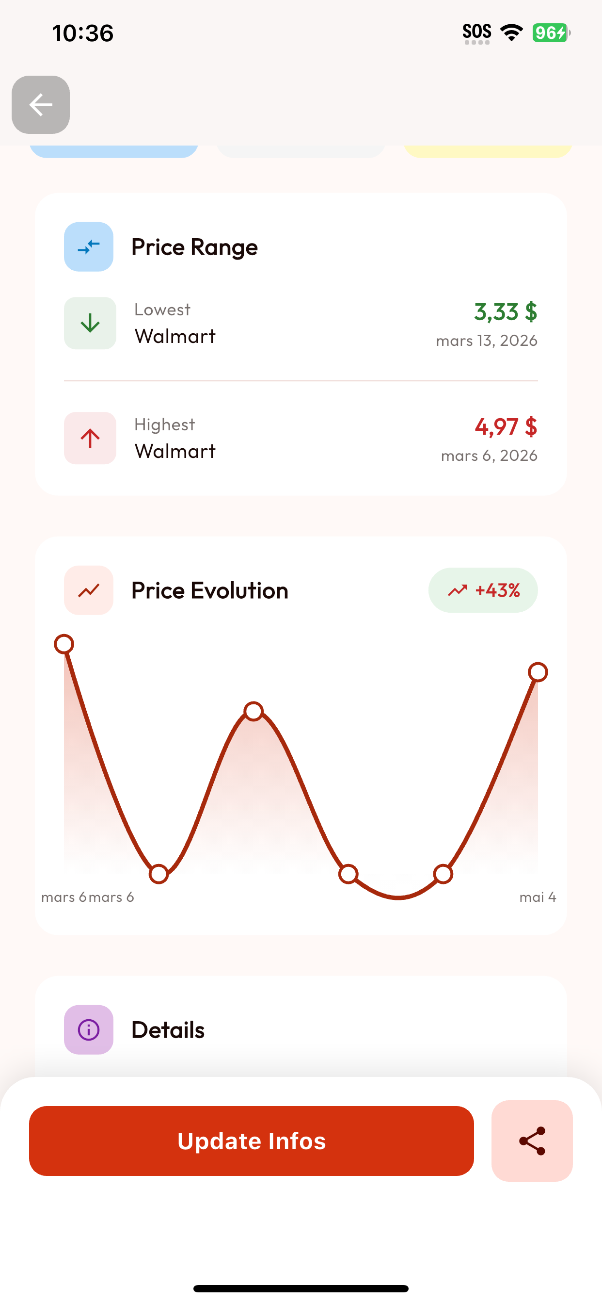 Écran BarcodeVibe affichant la plage de prix et l'évolution de prix d'un produit Walmart.