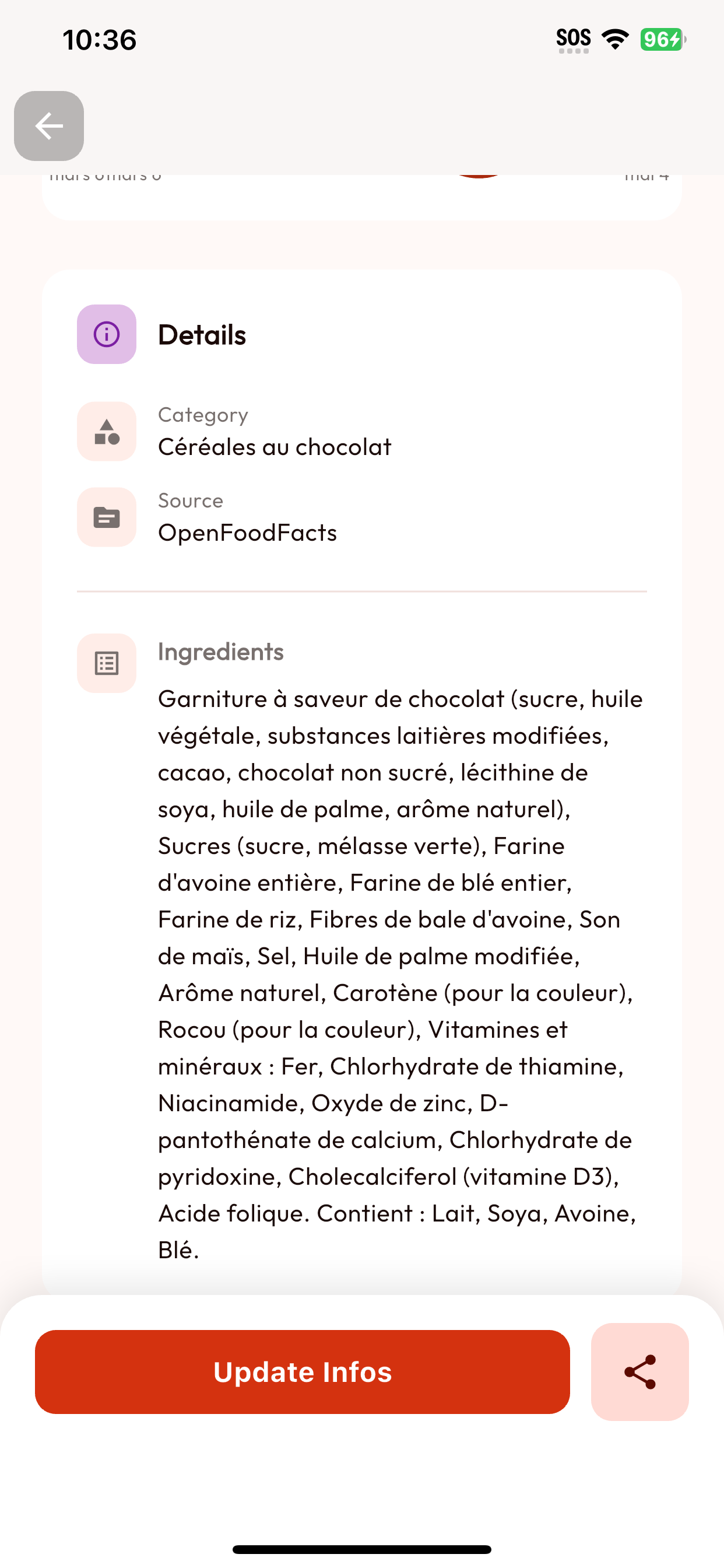 Écran BarcodeVibe affichant les détails d'un produit, sa catégorie, sa source et ses ingrédients.
