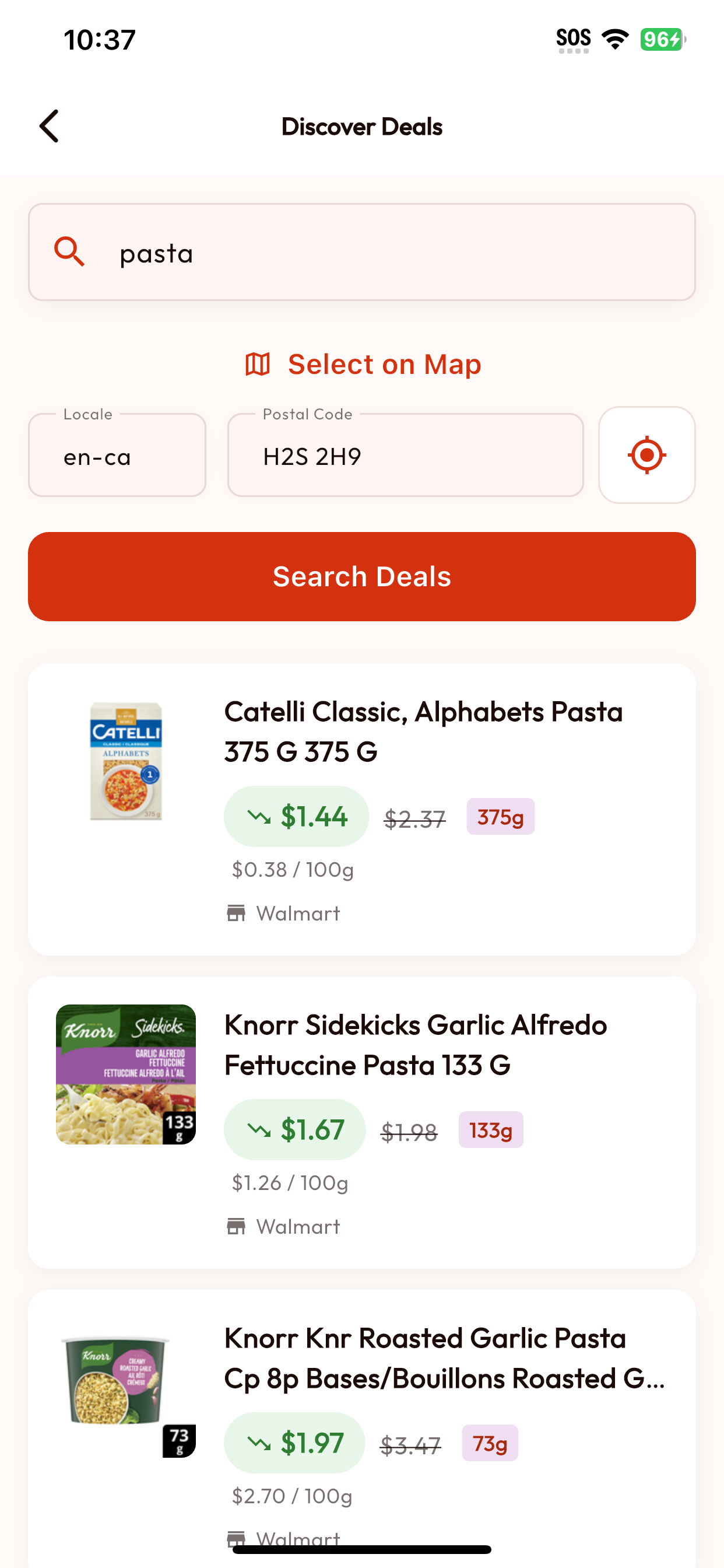 Écran Discover Deals de BarcodeVibe avec une recherche de pâtes, un code postal et des résultats de spéciaux.