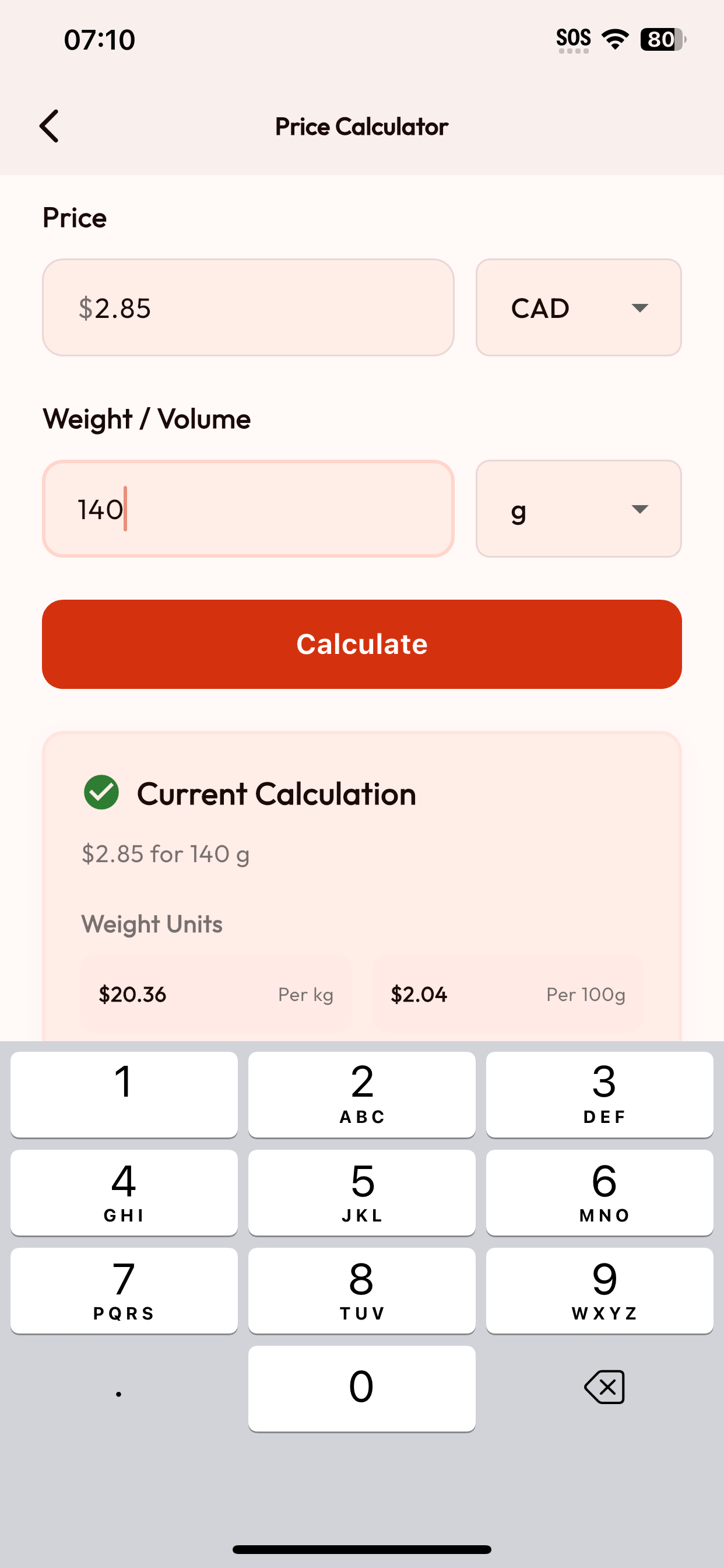 Calculateur de prix BarcodeVibe pour convertir un prix et un poids en prix au kilogramme ou au 100 grammes.