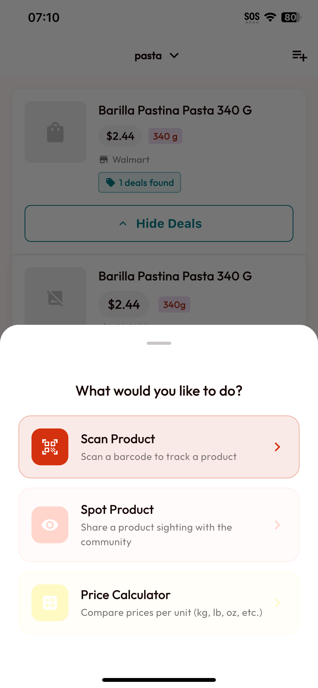 Écran BarcodeVibe proposant de scanner un produit, signaler un produit ou ouvrir le calculateur de prix.