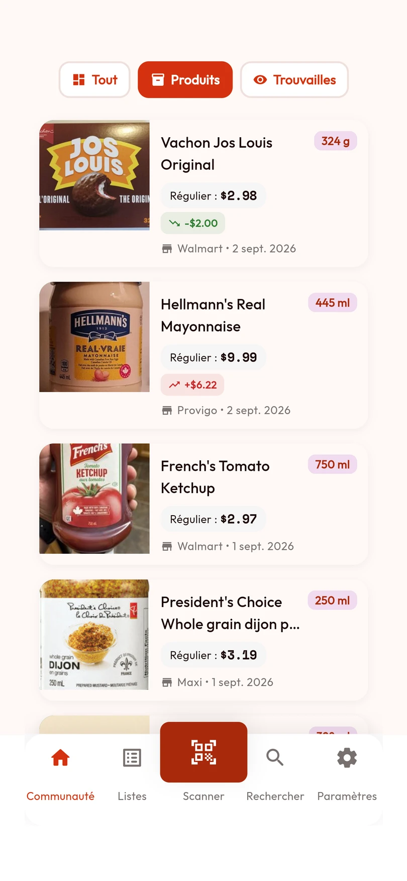 Fil communautaire BarcodeVibe avec des observations de prix d'épicerie